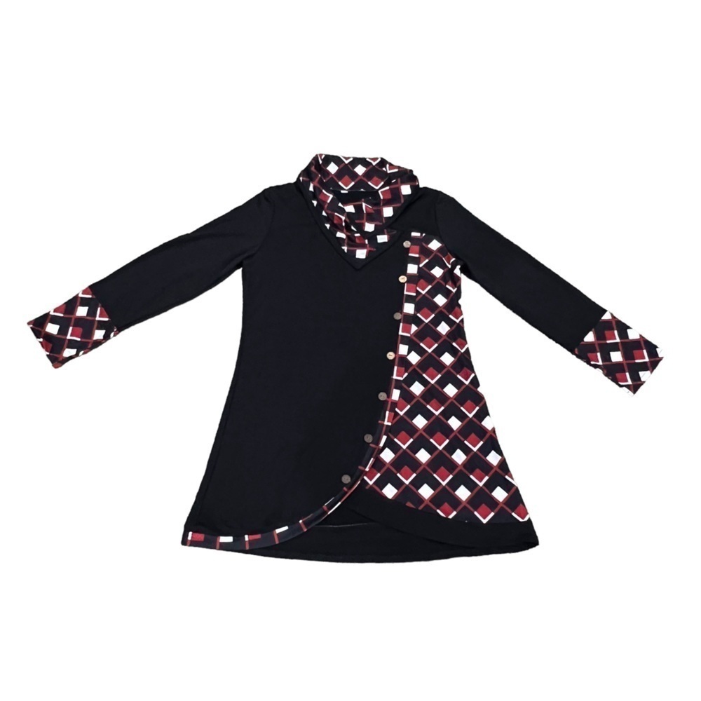 Black Red Geometric Print Faux Button Up Cowl Neck Mini Dress Size Medium Womens